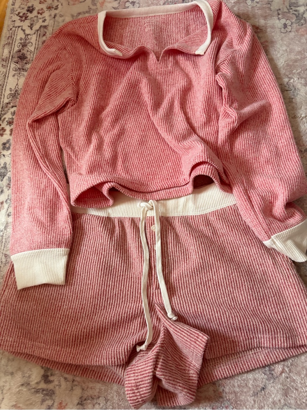 American Eagle Outfitters Pink and Cream Striped AE Lounge Top